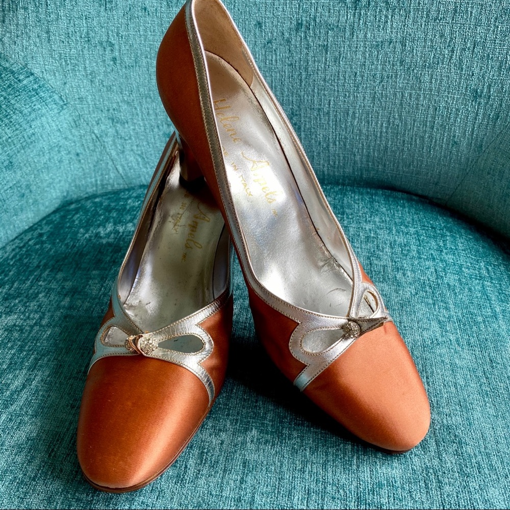 Vintage Satin + Leather Elegant Crystal Embellished High Heel Pumps